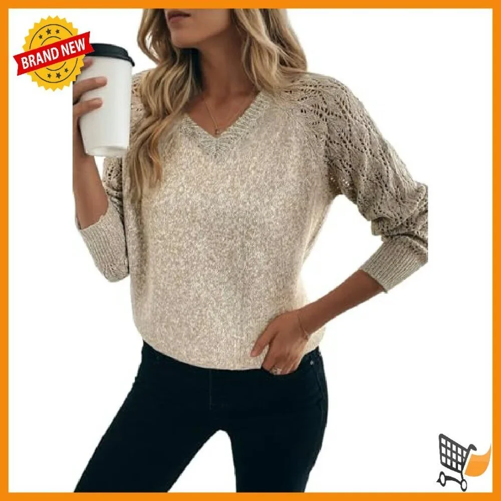 Lightweight Crochet Sweater V-Neck Loose Fit Polyester Fall Winter